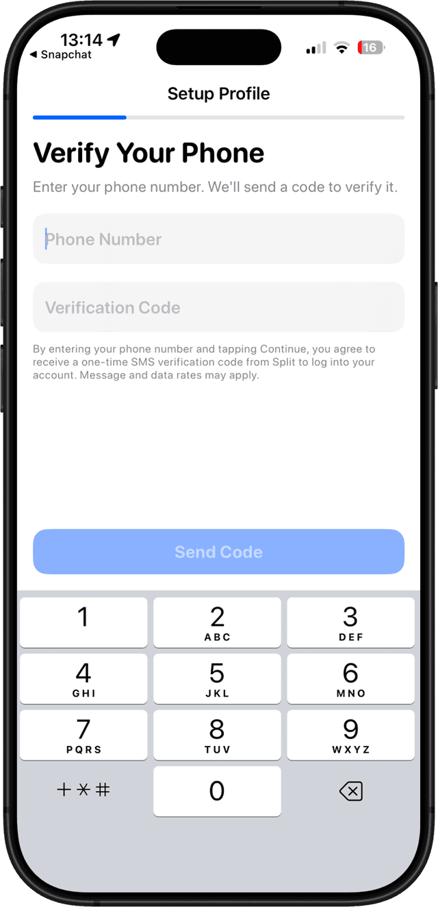 Split iOS verification screen displaying SMS consent text